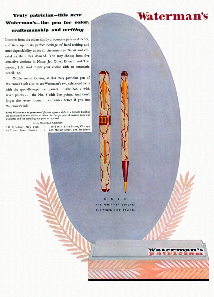 Anuncio de la pluma Patrician de 1930 en color Onyx