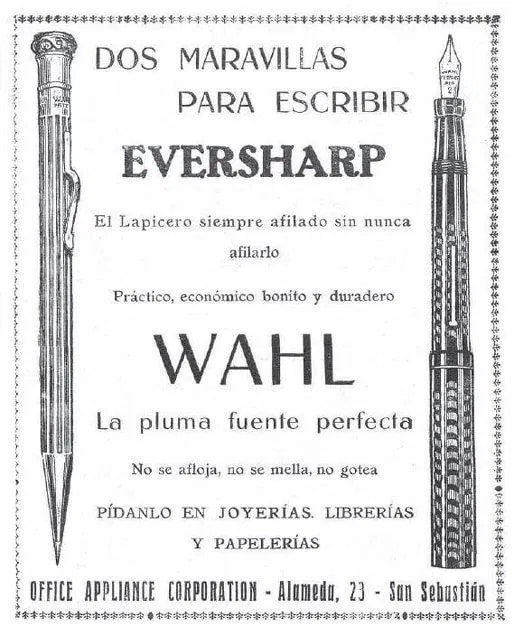 anuncio de Wahl Eversharp en 1921 de Office Appliance Corporation de San Sebastián