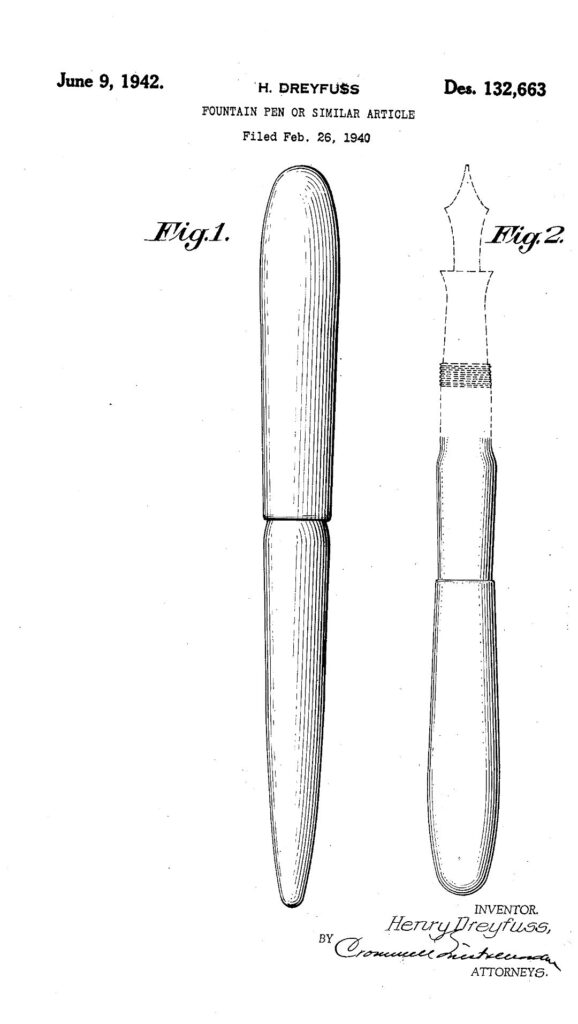Patente de Henry Dreyfuss de febrero de 1941 en la que se patenta el cuerpo de la Eversharp Skyline