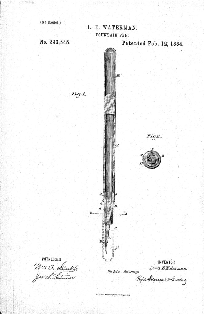 Patente US293545A del primer alimentador de plumas estilográficas.